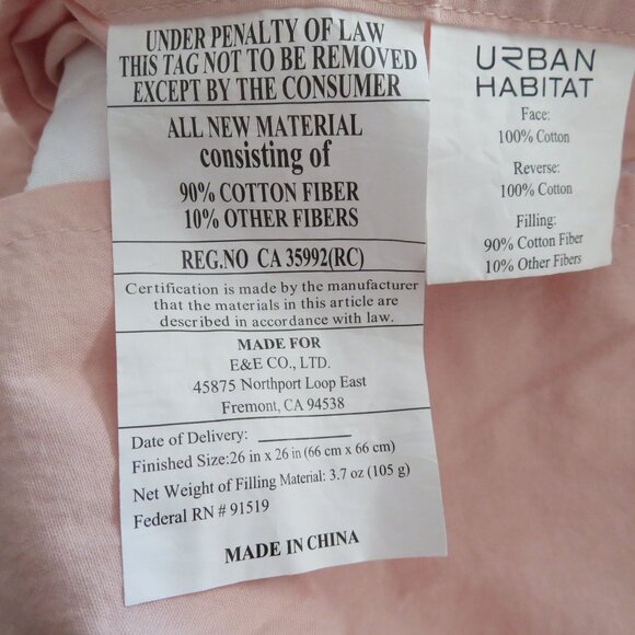 One Urban Habitat Pink Quilted Euro Sham 26" X 26" Cotton Face Cotton Filling - Picture 7 of 9